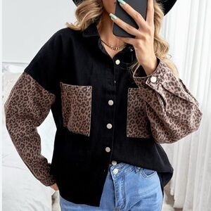 Leopard Print and Black Button-Up Shirt/jacket